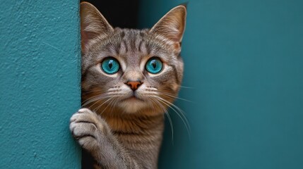 Wall Mural - A curious cat peeking from behind a wall with striking blue eyes.