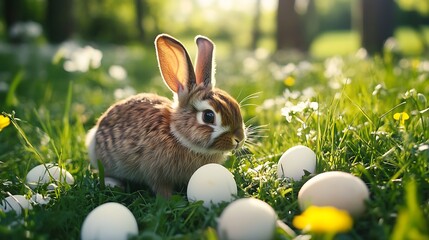 Wall Mural - A cute rabbit surrounded by white eggs in a vibrant grassy field, symbolizing spring and new beginnings.