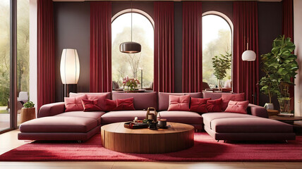 Poster - Modern living room with dark oak coffee tables and a comfortable sofa with fashionable fabrics in the trend of modern fashion.