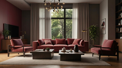 Poster - Modern living room with dark oak coffee tables and a comfortable sofa with fashionable fabrics in the trend of modern fashion.