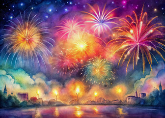 Wall Mural - fireworks over the river