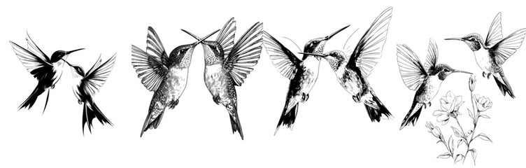 Two hand-drawn hummingbirds on white background. Design elements.