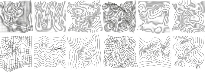 Poster - Set of geometry wireframe grid on transparent background. 3D abstract posters, patterns, cyberpunk elements in trendy rave style Y2k. Vector EPS 10