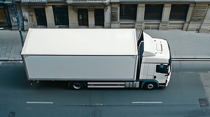 Wall Mural - A white delivery truck parked on a city street, showcasing urban logistics and transport.