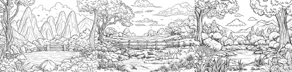 The modern zoo park graphic is black and white with a landscape sketch illustration