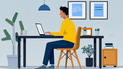 Poster - The workspace showcases a person typing on a laptop at a desk. The area includes indoor plants, a stylish chair, and decor that reflects an organized and modern home office environment.