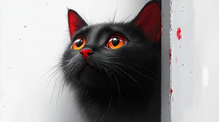 Wall Mural - A close-up of a black cat with striking orange eyes looking up.