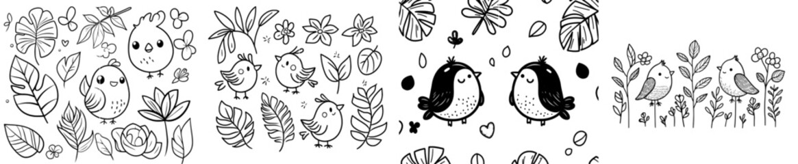 Wall Mural - Sketch of jungle summer with cute exotic birds, leaves, and flowers. Black and white illustration of tropical animals and plants.