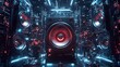© Tonadech - A futuristic 3D speaker system pulsating with sound energy in a cybernetic world