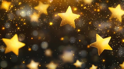 Poster - Magical sparkles and shimmering dust particles create a bokeh effect with a festive theme Yellow and golden stars illuminate a transparent background in a 2D cartoon style