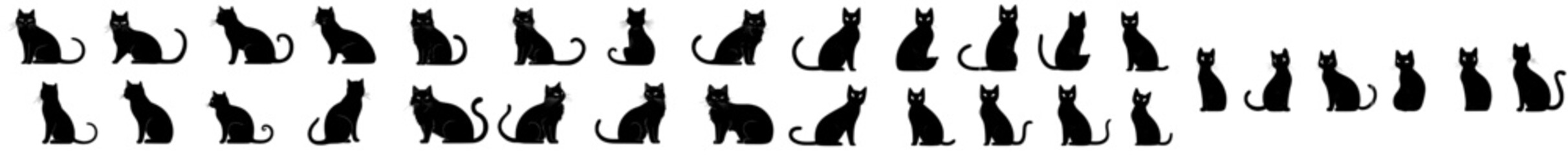 Cute black cats in various poses. Colorful domestic animals silhouettes. Feline breed, isolated pets at various angles. Standing funny pussycat with yellow eyes.