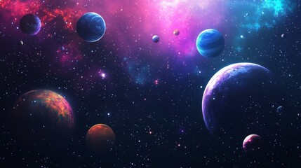Wall Mural - cosmic background with colorful planets against the glowing stars. abstract universe cover design. s