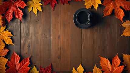 Wall Mural - rustic orange and red autumn leaves around tabletop on wooden table