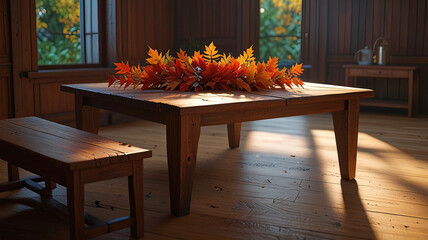 Wall Mural - rustic orange and red autumn leaves around tabletop on wooden table