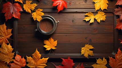 Wall Mural - rustic orange and red autumn leaves around tabletop on wooden table