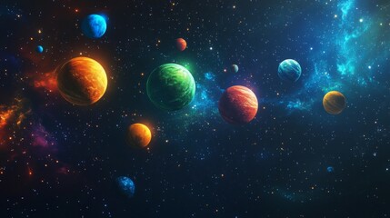 Wall Mural - cosmic background with colorful planets against the glowing stars. abstract universe cover design. s