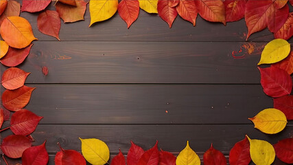 Wall Mural - rustic orange and red autumn leaves around tabletop on wooden table