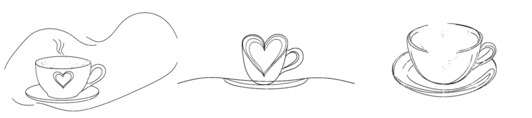 Wall Mural - Continual line drawing style of a coffee cup with heart-shaped latte art and coffee beans on the saucer. Modern illustration.