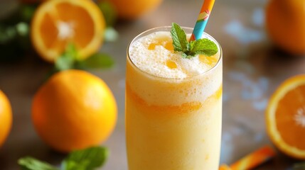 Poster - A close-up of a tall glass of frothy blended orange juice with a colorful straw, surrounded by whole oranges and mint leaves.