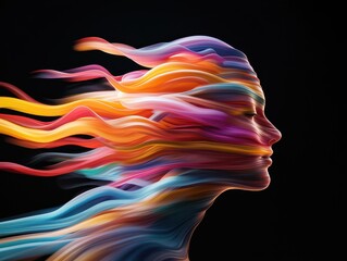 Aufkleber - Abstract profile of a woman with vibrant, flowing lines of color against a black background, symbolizing creativity and energy.