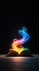 Poster - An open book with colorful, swirling light rising from its pages against a dark background, symbolizing imagination and creativity.
