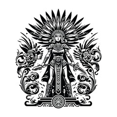 Wall Mural - aztec warior female with victorian flourish decoration in black and white illustrations, cutout graphic