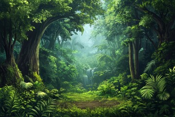 Wall Mural - Tropical rain forest with trees, ai