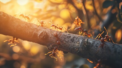 Poster - A close-up of ants crawling on a tree branch, with detailed focus on their small, intricate bodies and legs against a natural backdrop.