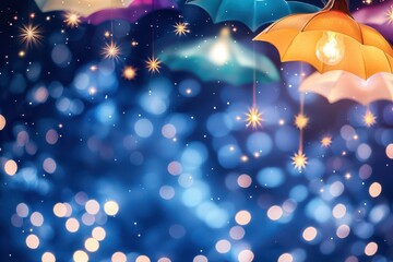 Aufkleber - Colorful umbrellas and lights on a dreamy bokeh background creating a whimsical and magical atmosphere.