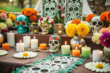 Wall Mural - memorial with flowers and skulls