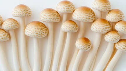 Poster - A close-up of fresh Yanagi mushrooms arranged on a clean white background, showcasing their long stems and delicate brown caps.