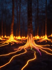 Poster - Magical forest scene with glowing roots in the evening, illuminating the surroundings with a mystical, fiery glow. Enchanted nature at dusk.
