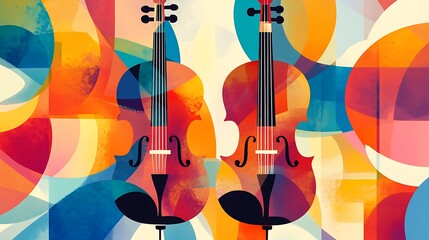 Wall Mural - A vibrant illustration of two violins against a colorful abstract background.