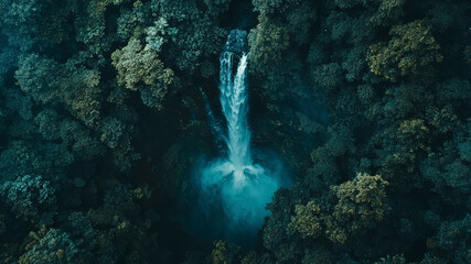 Wall Mural - aerial view of a waterfall in forest, waterfall in the jungle, tropical landscape in the jungl