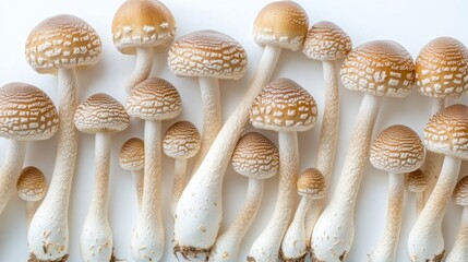 Poster - A close-up of fresh Yanagi mushrooms arranged on a clean white background, showcasing their long stems and delicate brown caps.