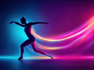 Aufkleber - Silhouette of a dancer in motion with vibrant, flowing light trails against a dark gradient background, embodying energy and grace.