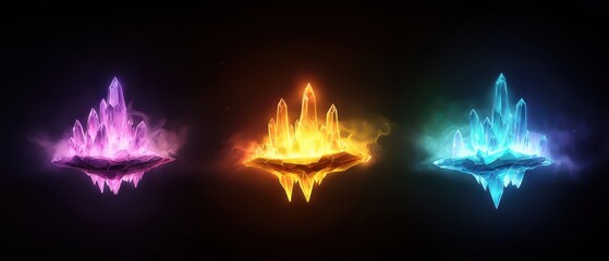 Poster - Three floating glowing crystals representing different energy elements in purple, orange, and blue hues on a dark background.