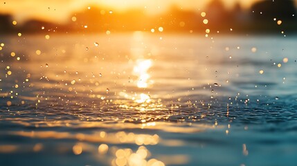 Poster - A serene water scene at sunset, with droplets sparkling in the light.