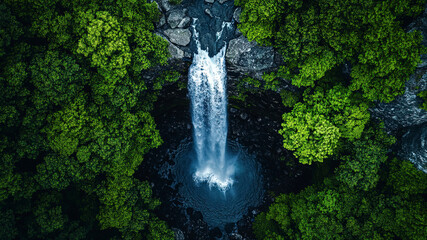 Wall Mural - aerial view of a waterfall in forest, waterfall in the jungle, tropical landscape in the jungl