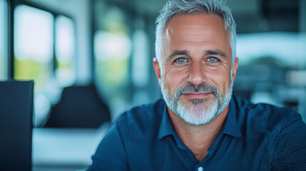 Canvas Print - Smiling man with gray hair in office setting.