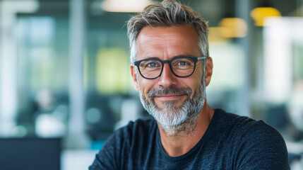 Canvas Print - Smiling mature man with grey hair and beard in a casual setting.