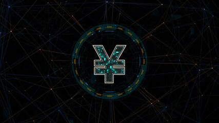 Poster - motion graphic of blue digital money logo with circle futuristic hud elements and orange line connec