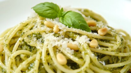 Canvas Print - A close-up of spaghetti with pesto sauce, garnished with pine nuts and parmesan, elegantly presented on a plain white background.