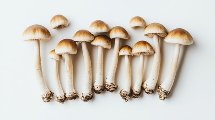 Poster - A cluster of Yanagi mushrooms lying on a white background, their long stems and rounded caps creating a pleasing and balanced composition