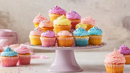 Poster - A colorful cupcake display with different frosting designs and sprinkles, set on a tiered stand with a neutral background.