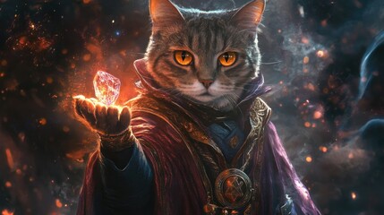 Cat in a wizard's robe, holding a glowing crystal in its paw, set against a mystical background, embodying magical charm.