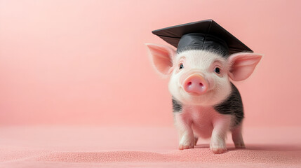 A pig wearing a black graduation cap and gown. The pig is smiling and looking at the camera