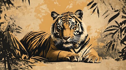 Sticker - A stylized illustration of a tiger resting amidst foliage, showcasing its majestic features.