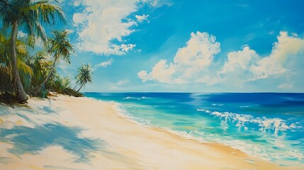 Canvas Print - A serene beach scene with palm trees, clear blue waters, and a bright sky.