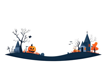 Halloween scene with haunted house, pumpkin, and spooky trees on white background.